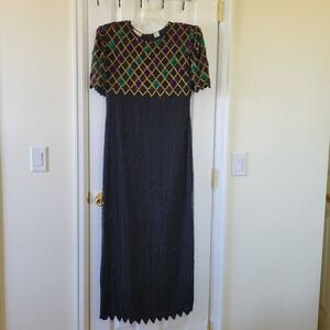 Lawrence Kazar Evening Dress Size LP Beaded Sequined Black Silk Vintage AS IS